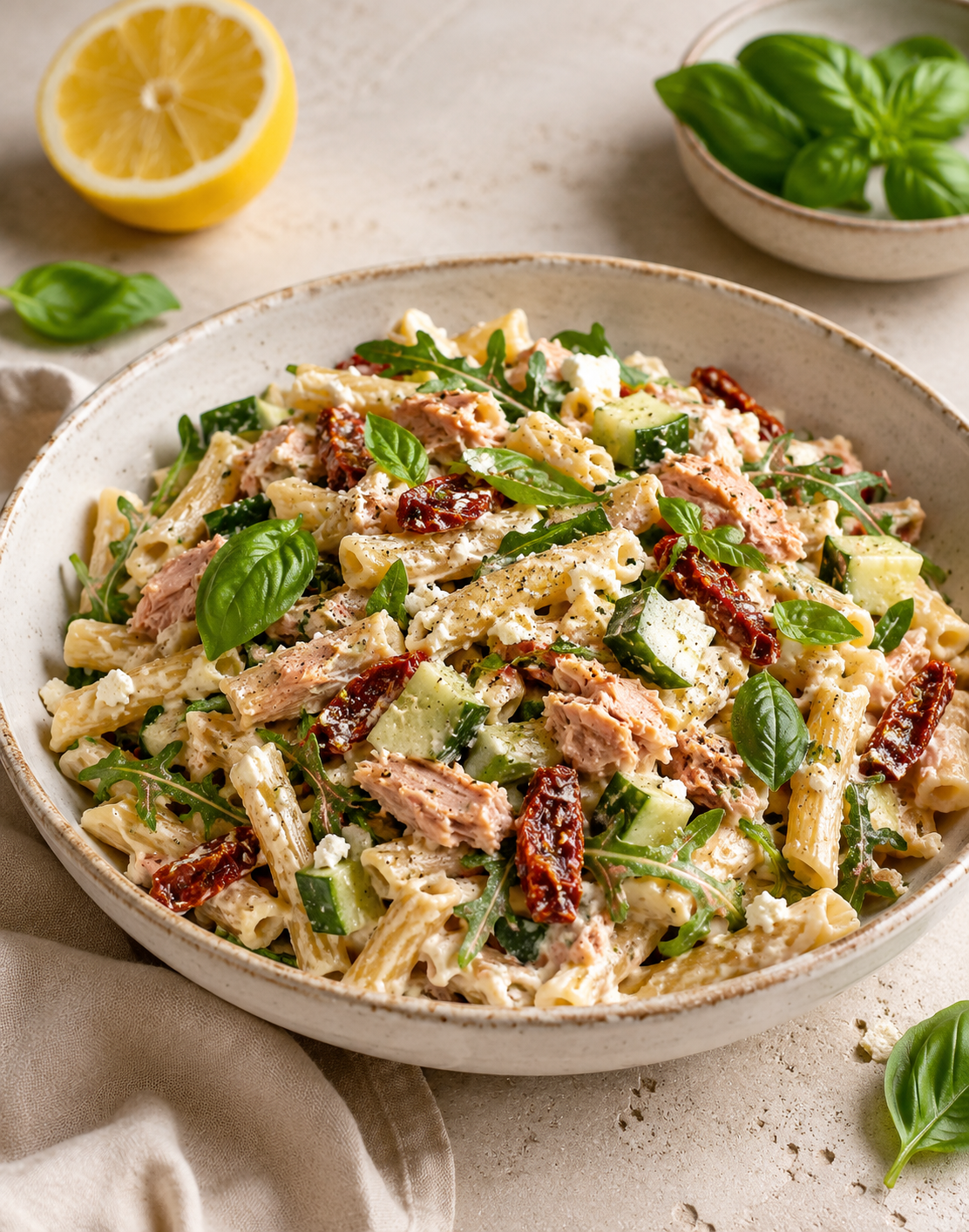 PÂTES FROIDES THON TOMATES CONFITES & CRÈME DE FETA