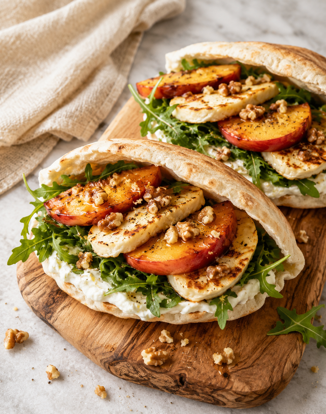 PITAS GRILLÉES HALLOUMI PÊCHE ROQUETTE