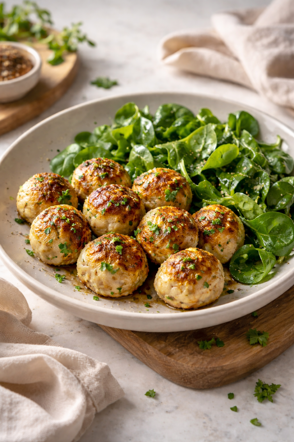 BOULETTES DE POULET AUX HERBES SALADE DE PRINTEMPS