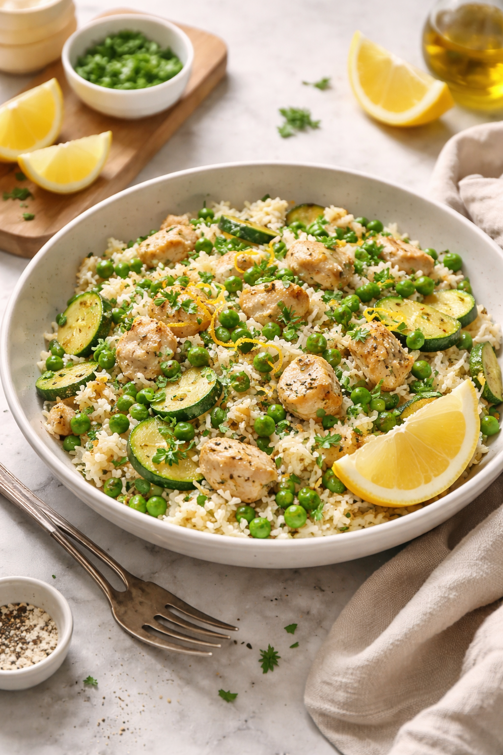 POÊLÉE DE RIZ BASMATI PETITS POIS COURGETTES & POULET CITRONNÉ