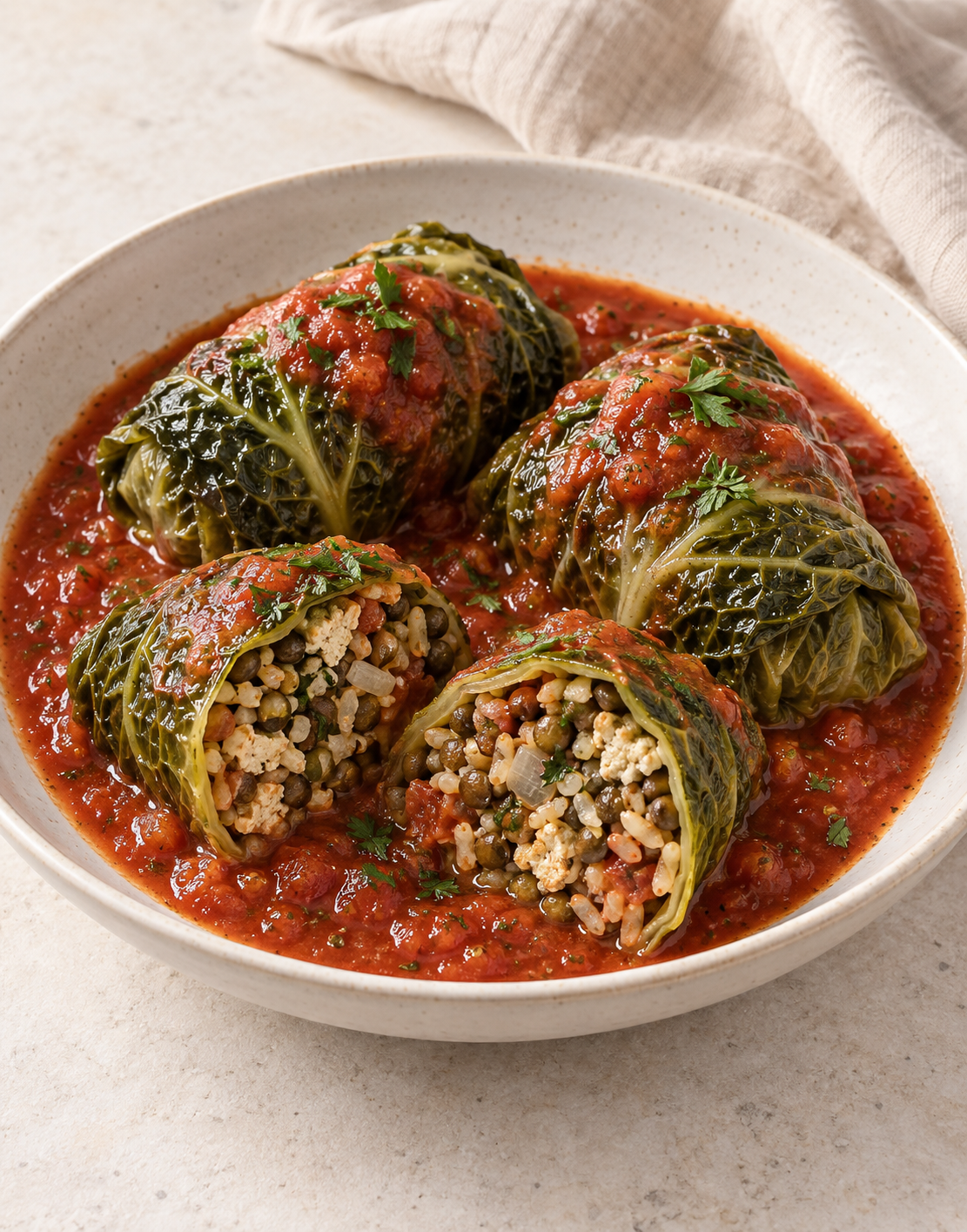 CHOU FARCI LENTILLES RIZ COMPLET TOMATE