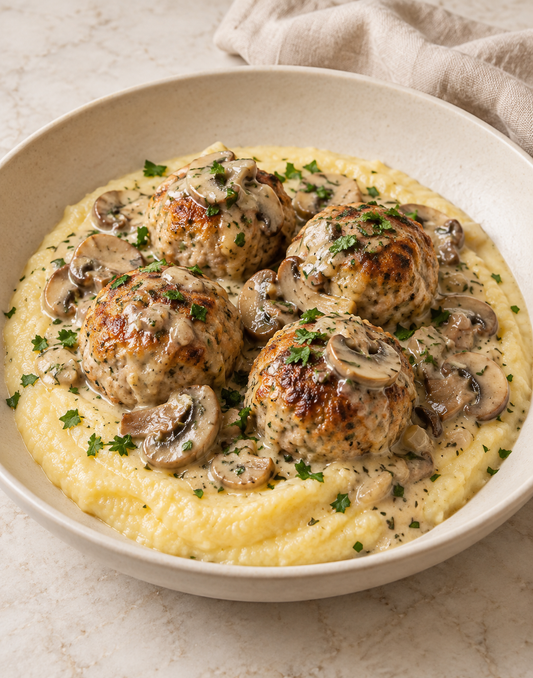 BOULETTES DE DINDE SAUCE CRÉMEUSE CHAMPIGNONS POLENTA