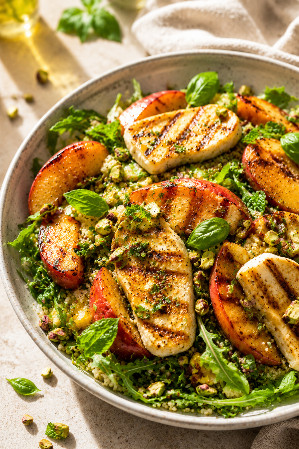 SALADE TIÈDE QUINOA HALLOUMI GRILLÉ & NECTARINES RÔTIES