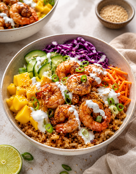 BOWL RIZ CROUSTILLANT CREVETTES ÉPICÉES MANGUE FRAÎCHE
