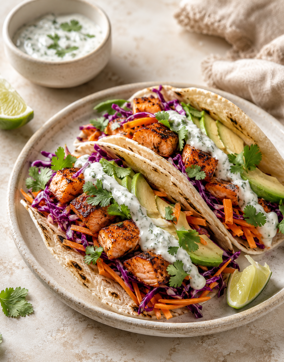 TACOS SAUMON CROUSTILLANT CHOU ROUGE & SAUCE YAOURT CORIANDRE