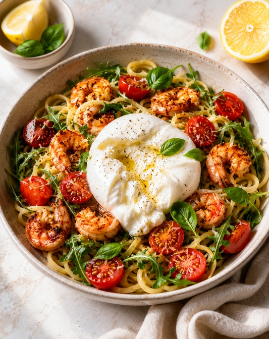 LINGUINES FROIDES CREVETTES CITRON & BURRATA