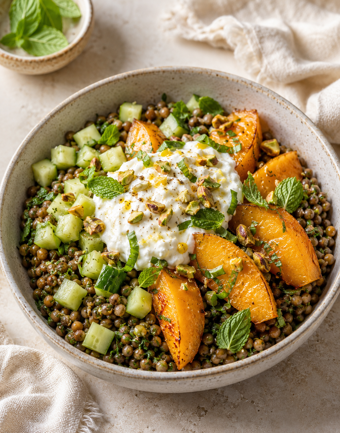 SALADE FRAÎCHE LENTILLES FETA FOUETTÉE MELON RÔTI