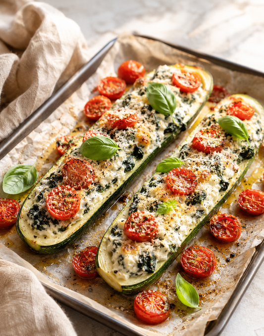 COURGETTES FARCIES RICOTTA ÉPINARDS TOMATES CONFITES
