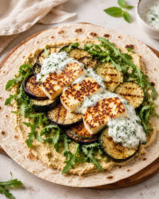 WRAPS MÉDITERRANÉENS HOUMOUS HALLOUMI LÉGUMES GRILLÉS