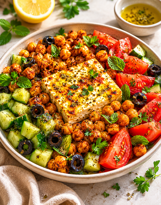 SALADE GRECQUE REVISITÉE POIS CHICHES FETA RÔTIE