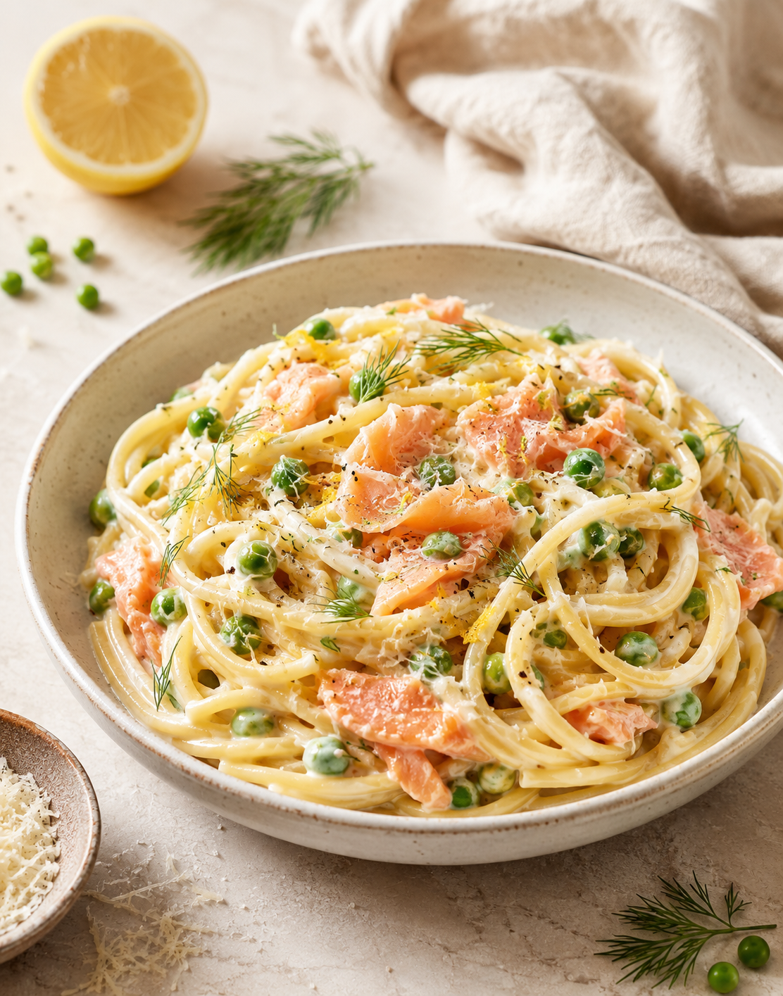 PÂTES CRÉMEUSES SAUMON FUMÉ PETITS POIS CITRON
