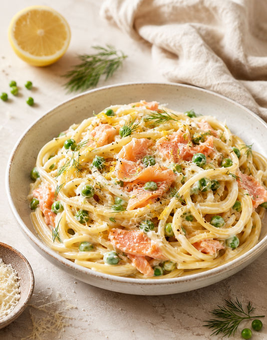 PÂTES CRÉMEUSES SAUMON FUMÉ PETITS POIS CITRON