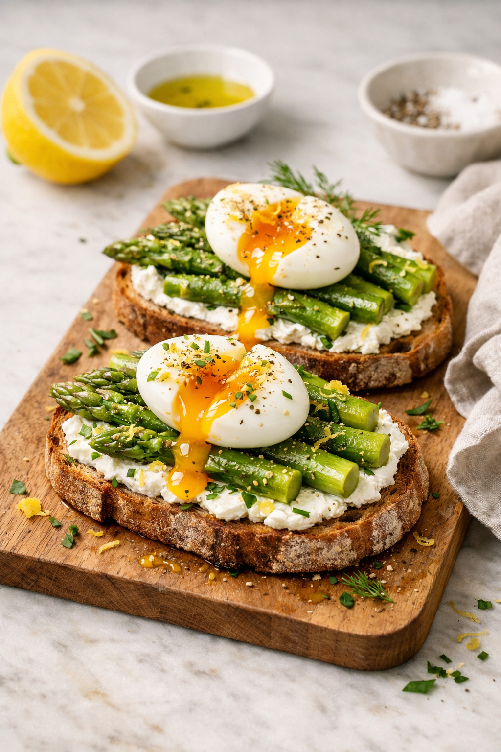 TARTINES DE FROMAGE FRAIS ASPERGES & ŒUF MOLLET
