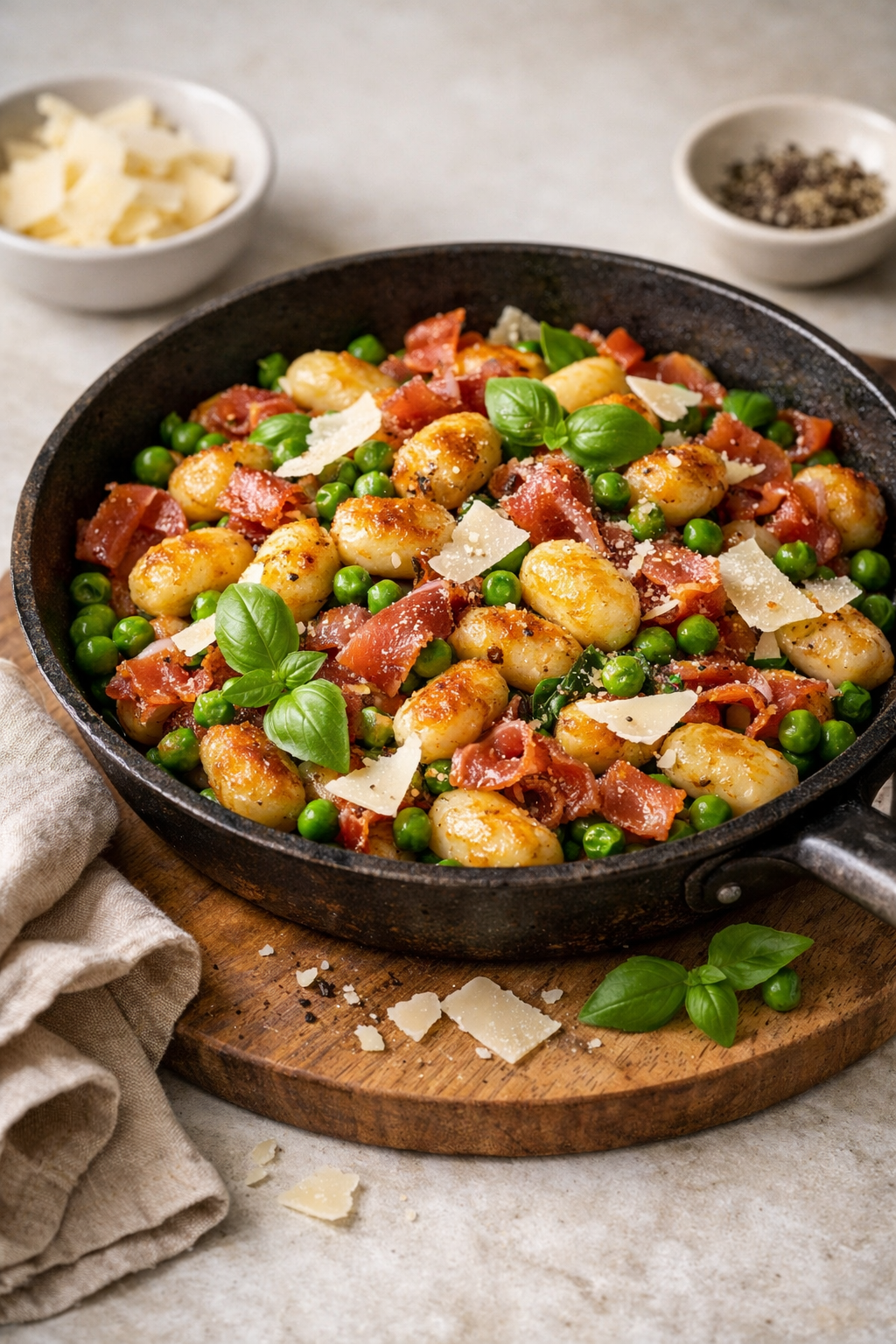 POÊLÉE DE GNOCCHI PETITS POIS JAMBON CRU & PARMESAN