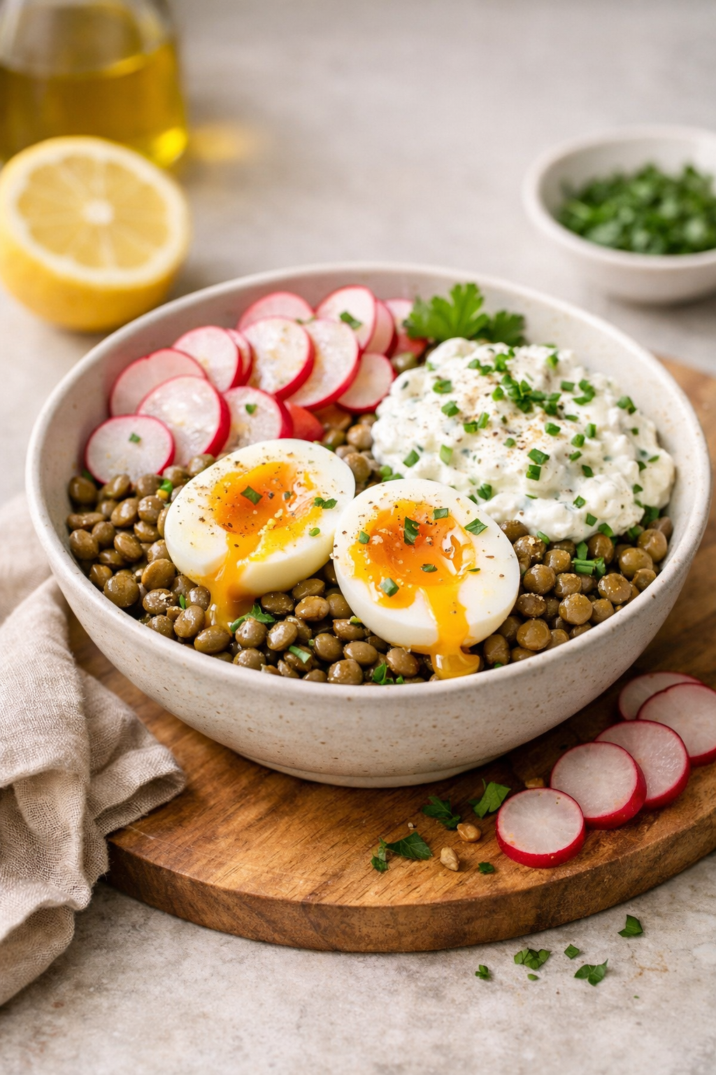 SALADE TIÈDE DE LENTILLES ŒUF MOLLET & FROMAGE FRAIS AUX HERBES