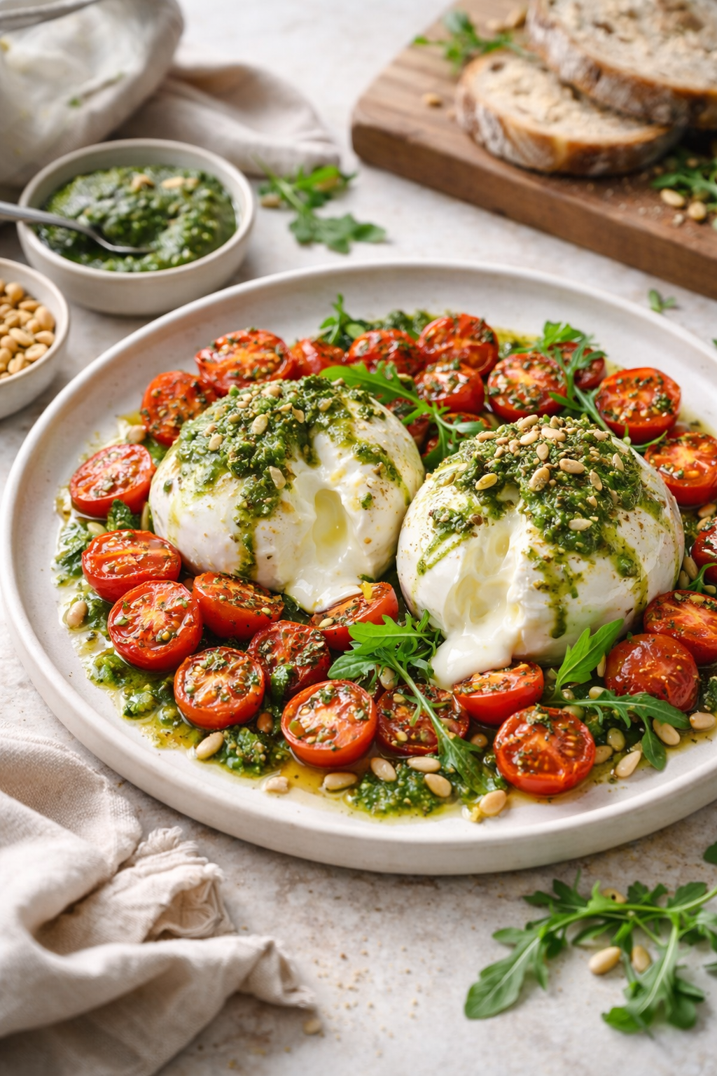 BURRATA RÔTIE TOMATES CERISE PESTO DE ROQUETTE