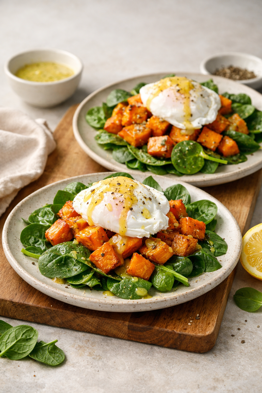 SALADE PATATE DOUCE ÉPINARDS & ŒUF POCHÉ
