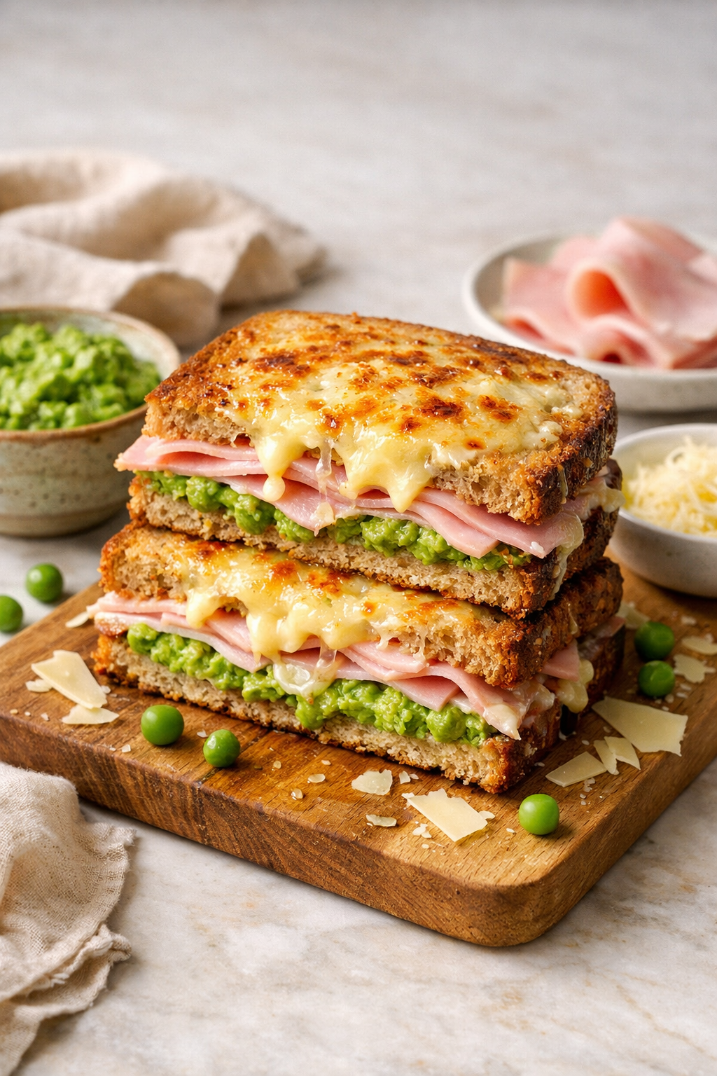 CROQUE PRINTANIER PETITS POIS JAMBON BLANC & COMTÉ