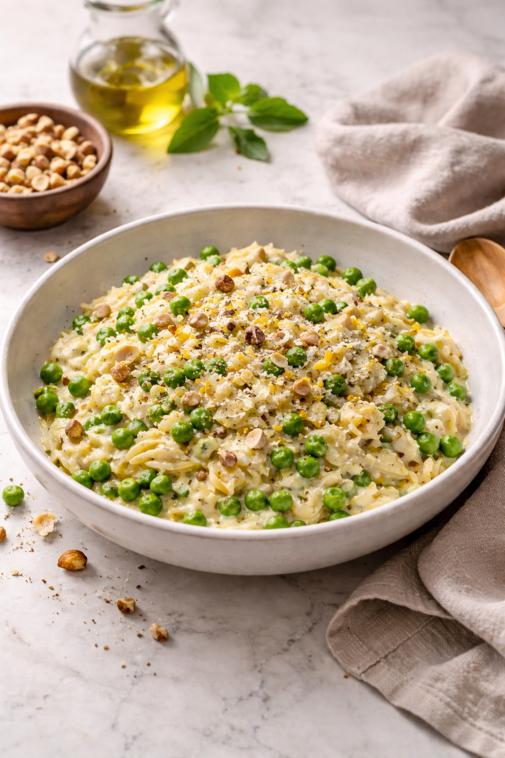 ORZO CRÉMEUX PETITS POIS CITRON PARMESAN & ÉCLATS DE NOISETTES
