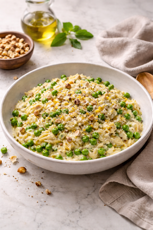 ORZO CRÉMEUX PETITS POIS CITRON PARMESAN & ÉCLATS DE NOISETTES
