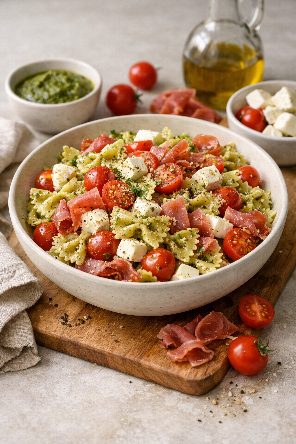 PÂTES PESTO TOMATES MOZZARELLA & JAMBON CRU