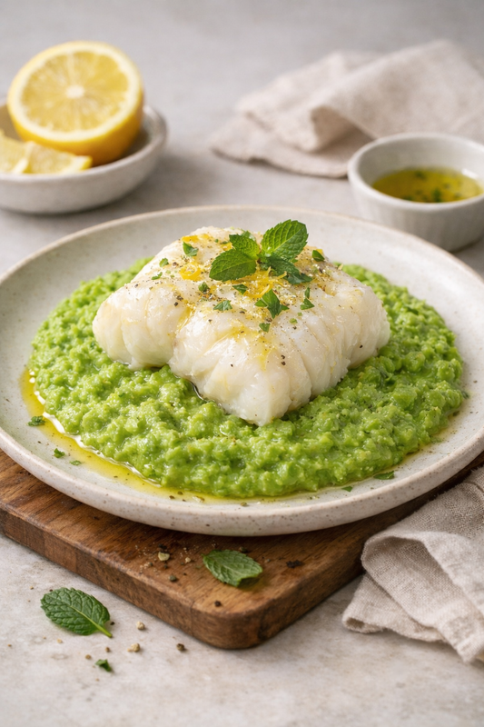 FILET DE CABILLAUD VAPEUR ÉCRASÉ DE PETITS POIS & CITRON
