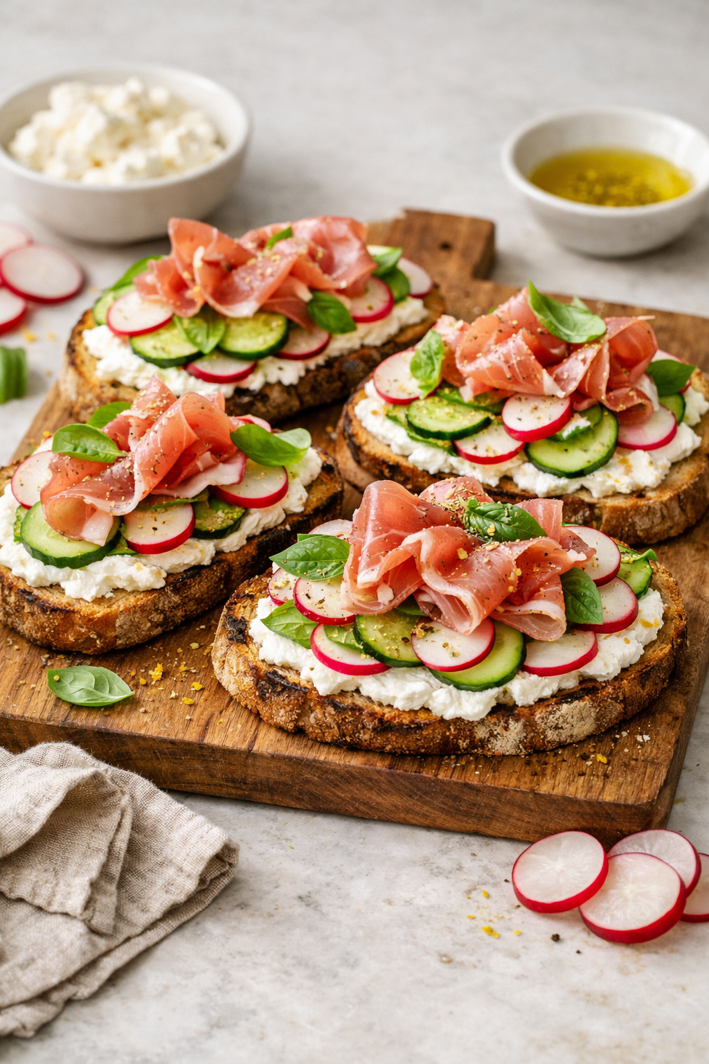 BRUSCHETTAS RICOTTA RADIS CONCOMBRE JAMBON CRU