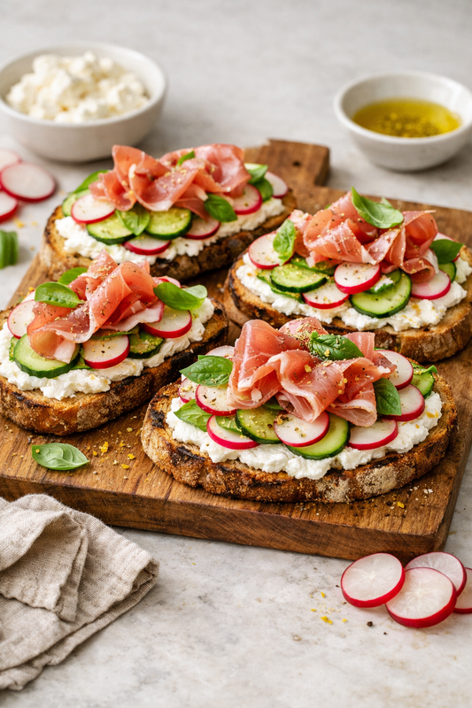 BRUSCHETTAS RICOTTA RADIS CONCOMBRE JAMBON CRU