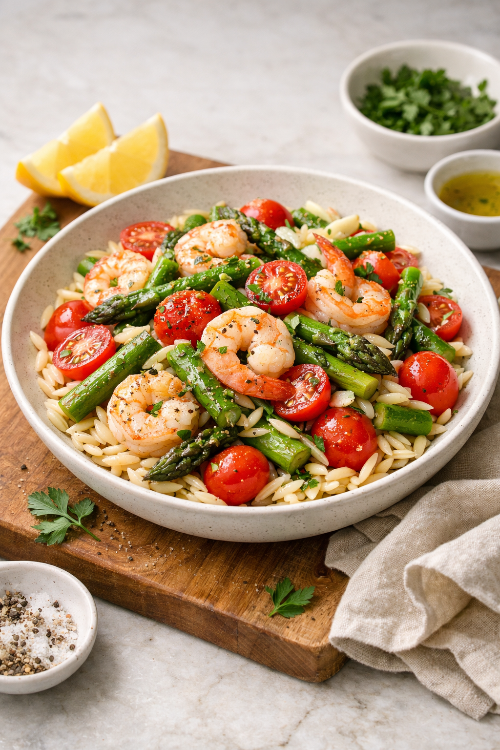 SALADE DE PÂTES ORZO ASPERGES TOMATES & CREVETTES