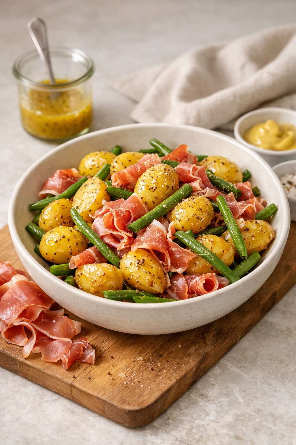 SALADE TIÈDE GRENAILLES HARICOTS VERTS JAMBON CRU VINAIGRETTE