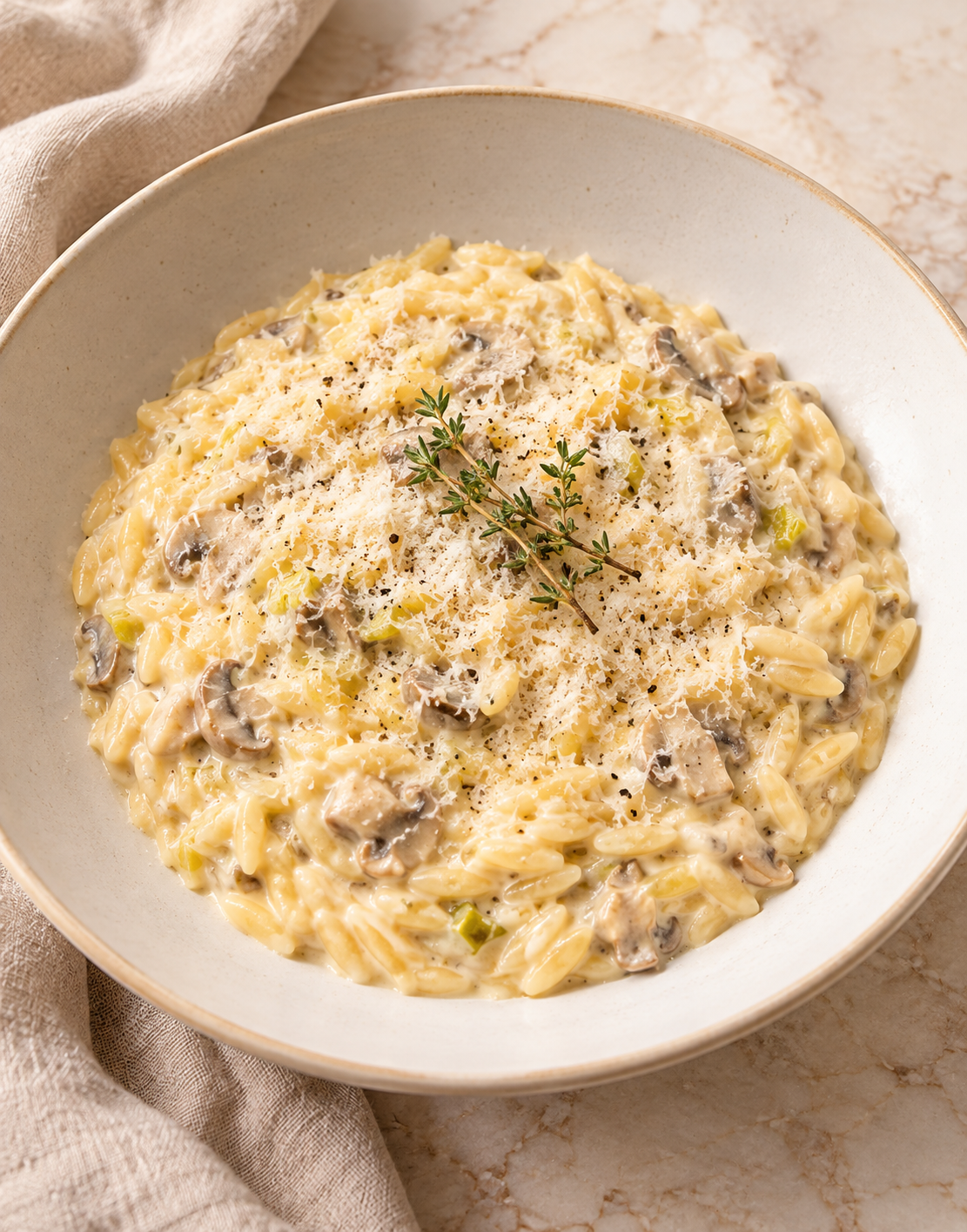 ORZO CRÉMEUX POIREAUX CHAMPIGNONS PARMESAN