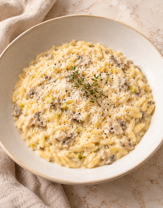 ORZO CRÉMEUX POIREAUX CHAMPIGNONS PARMESAN